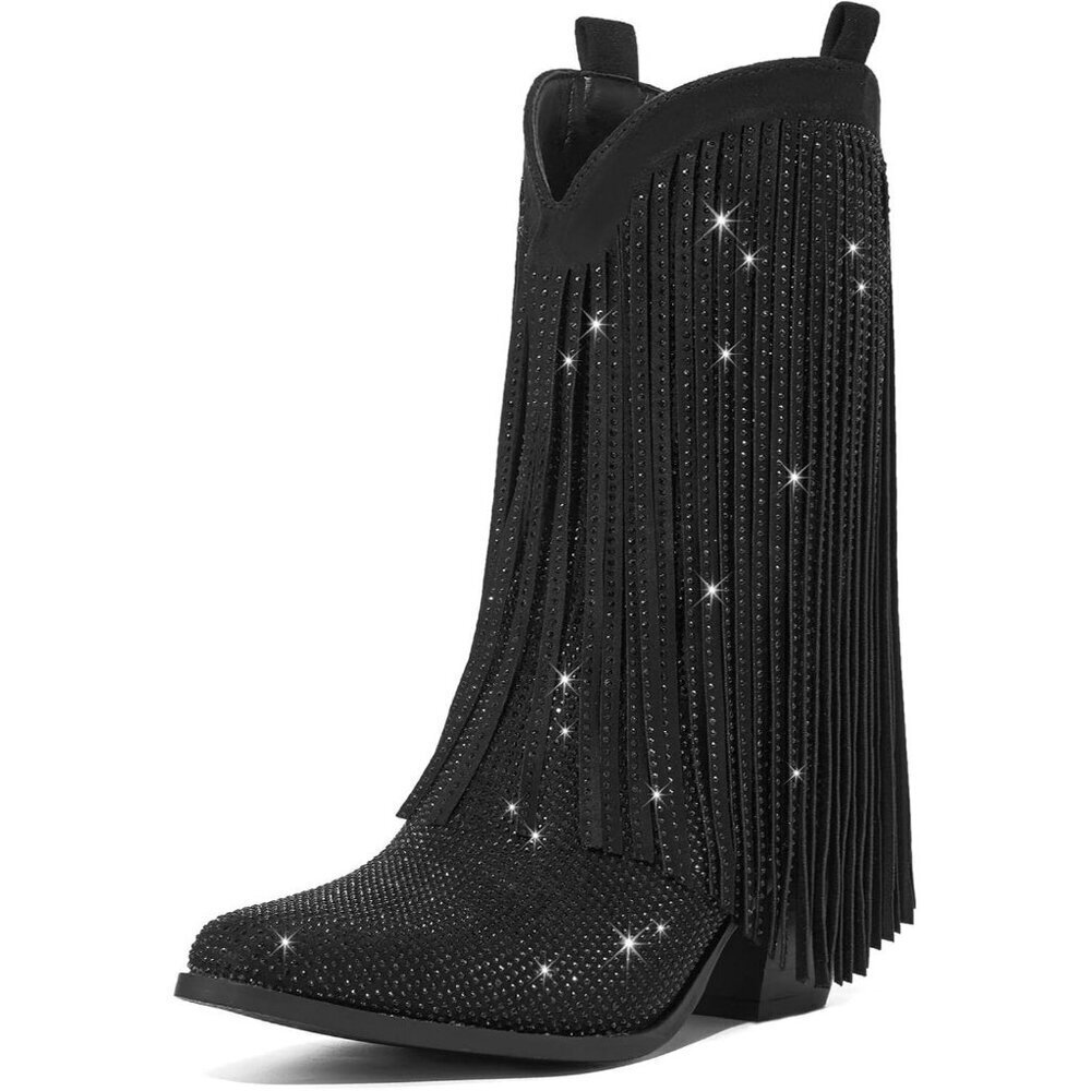 Women's Rhinestone Black Fringe Sparkly Pointed Toe Western Chunky Heel Boots